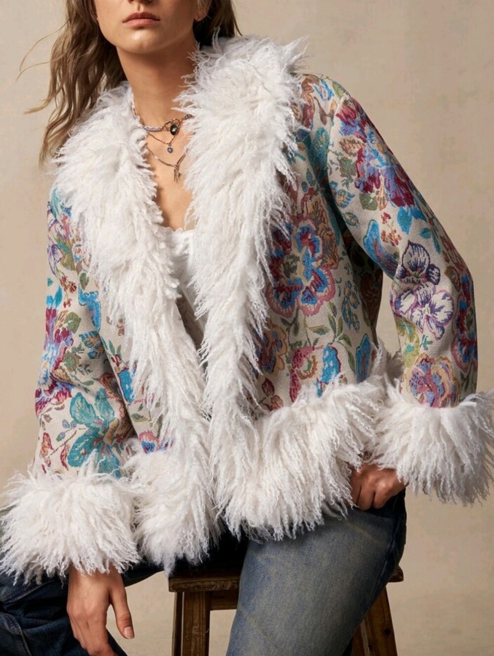 Women's Jacquard Patchwork Fuzzy Long Sleeve Loose Fashion Jacket - Picture 3 of 9